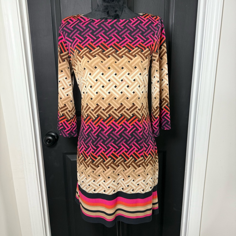 Eliza J Geometric Long Sleeve Dress - Pink, Brown, Cream